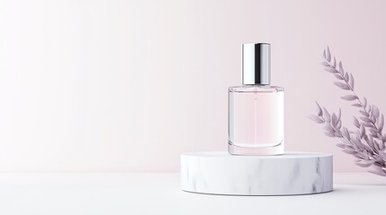 Elegant perfume bottle on marble stand with soft pink background and plant accents, perfect for beauty and luxury themes.