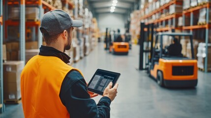 A warehouse worker uses a tablet to track inventory as forklifts operate in the background, showcasing modern logistics.