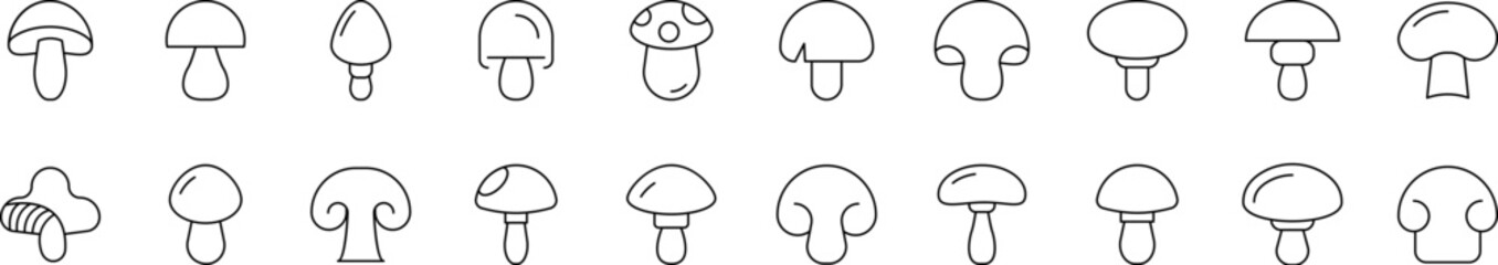 Mushroom Line Icon Pack. Outline Signs for Graphic and Web Design, Apps, Adverts, Various Cards