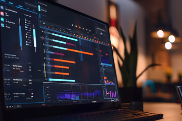 Project management software interface displayed on a computer screen, showcasing a detailed timeline chart of a team project. Generative Ai.