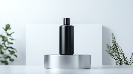 Minimalist black bottle on metallic stand with white background, accented by green foliage, conveying elegance and simplicity.