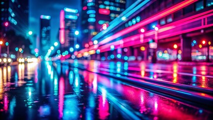 Obraz premium Abstract Neon Light Streaks: Pink and Blue Horizontal Lines - Night Cityscape Background