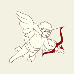 Cute funny vintage cupid, Valentine's day cherub flying and shooting with arch bow, arrow, romantic love. Happy boy angel, baby character. Flat vector illustration isolated