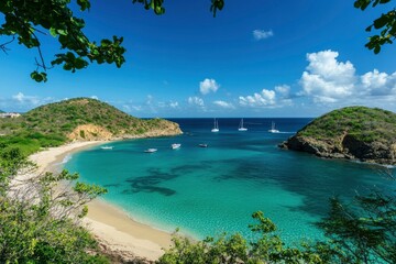Fototapeta premium A clear blue sky and turquoise sea in the Caribbean, featuring emerald green water and sandy beaches. The photo captures an idyllic beach scene with calm waters and distant boats on the horizon. 