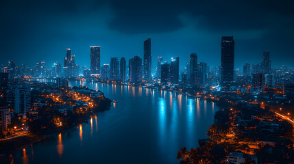 Fototapeta premium A detailed photography of a bustling city skyline at night, with glowing lights and vibrant energy, inspiring ambition and the drive to thrive in urban life.