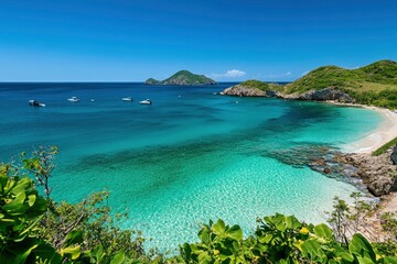 Fototapeta premium A clear blue sky and turquoise sea in the Caribbean, featuring emerald green water and sandy beaches. The photo captures an idyllic beach scene with calm waters and distant boats on the horizon. 