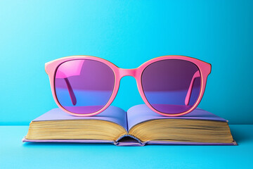 Pink sunglasses resting on open book, symbolizing reading passion World Knowledge Day copy space