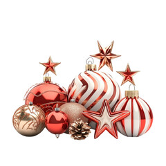 Festive Christmas Ornaments Red Gold White Stars Pine Cone