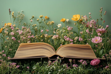Open book rests in a field of colorful flowers, celebrating the joy of reading and knowledge on world day copy space