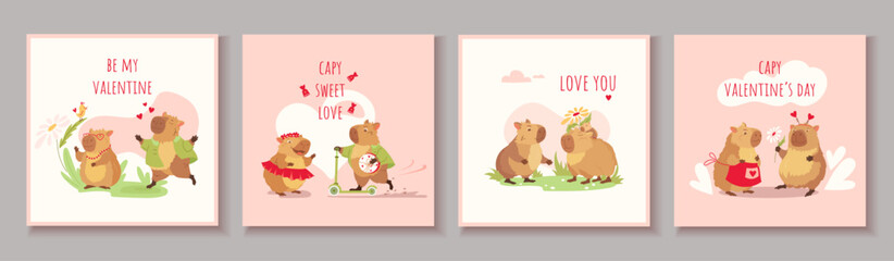 Collection of cards for Valentine's day with capybaras. Happy cute rodents with love emotions Colorful flat vector templates for social media post, online advertising, flyer, invitation square design
