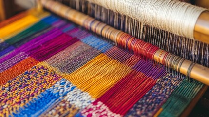 Colorful threads woven on a loom.