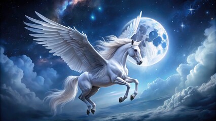 Fototapeta premium Starry night photography captures Pegasus's majestic flight; wings spread wide, a white horse in the heavens.