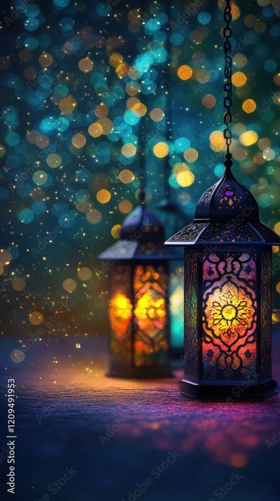Sticker colorful lanterns glowing with warm light against a mystical background of bokeh and sparkles in a n