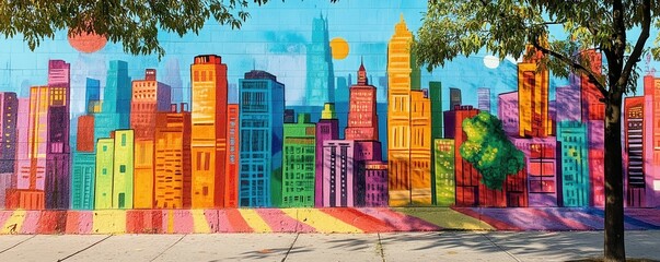 Vibrant street art mural depicting a colorful cityscape, urban creativity.