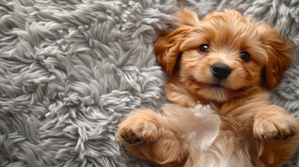 Adorable golden puppy relaxing on a fluffy gray rug.