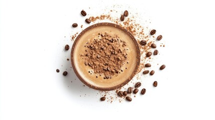 A coffee latte art with coffee beans and powder on a white background, top view, high-resolution photography, insanely detailed, fine details, isolated plain.