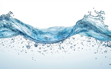 Transparent blue water bubbles rising with soft reflections and light diffusion on a clean background