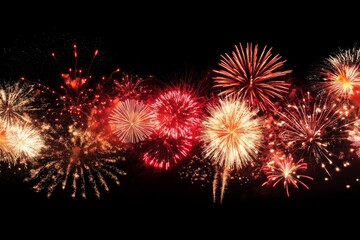 Fireworks display creates a colorful night sky with vibrant bursts and sparkling trails over a festive celebration