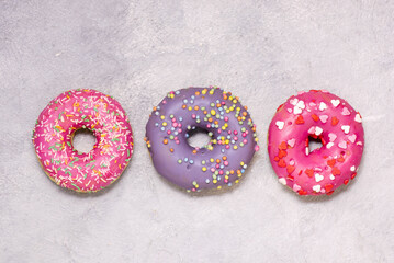 Valentine's Day Decorated Donut Assortment.top veiw.selective focus