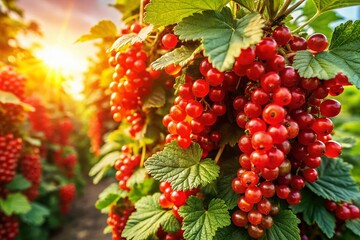 Fototapeta premium Abundant Red Currant Harvest: Organic Berries Growing on Bush in Garden