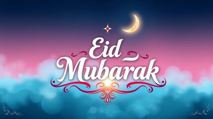 Eid Mubarak Celebration with Crescent Moon and Starry Sky