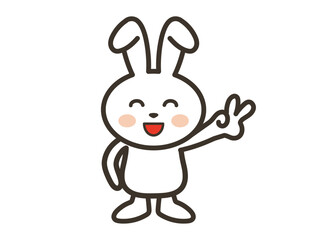 満面の笑顔でピースをする白いうさぎさんのイラスト