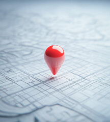 Fototapeta premium A 3D-rendered red GPS location pin standing prominently on a detailed digital map with fine grid lines and a soft gradient background.