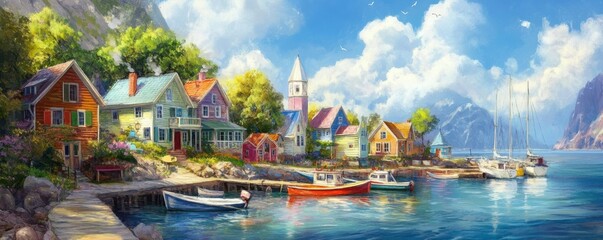 Scenic coastal village with vibrant houses and boats docked at the shore.