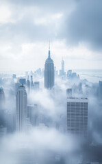 Fototapeta premium Serene view of New York City’s skyline shrouded in dense fog, highlighting its iconic skyscrapers and mysterious urban charm.