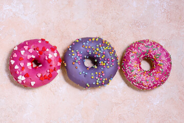 Valentine's Day Decorated Donut Assortment.top veiw.selective focus