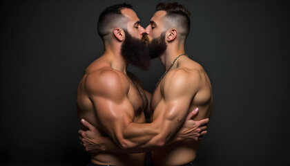 Dos hombres gay bes&aacute;ndose. Fondo oscuro. 