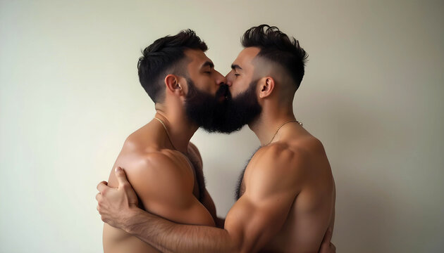 Dos hombres gay bes&aacute;ndose. Fondo claro neutro