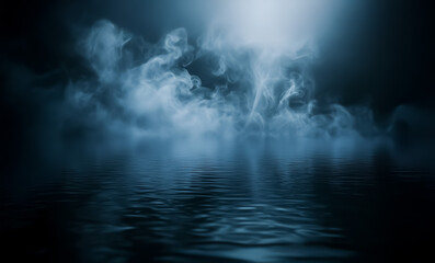 Fototapeta premium A dark, mystical visual with wisps of white smoke curling over water, creating a serene and enigmatic mood. Horizontal view.