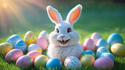 Happy Easter Bunny with many colorful easter eggs.