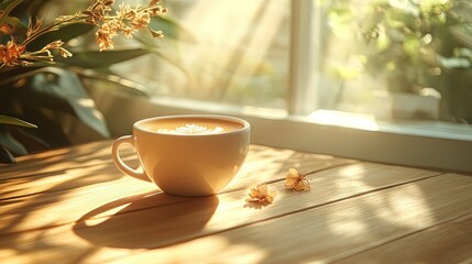 Cup of coffee on a wooden table with soft morning light, cozy and calming atmosphere  