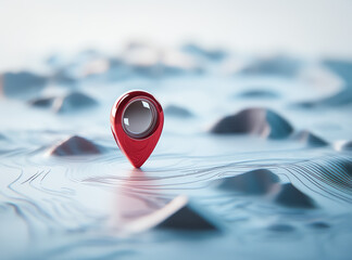 A modern 3D depiction of a red navigation pin standing on a detailed topographic map, reflecting precision and location technology.