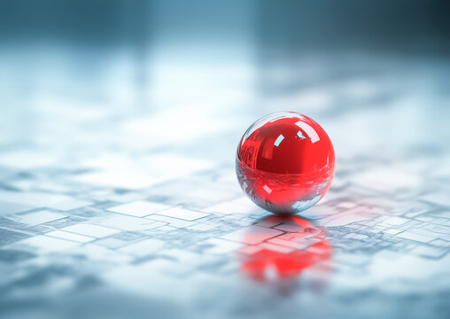 A bold red navigation marker resting on an intricate digital grid, highlighting technological advances in mapping solutions.