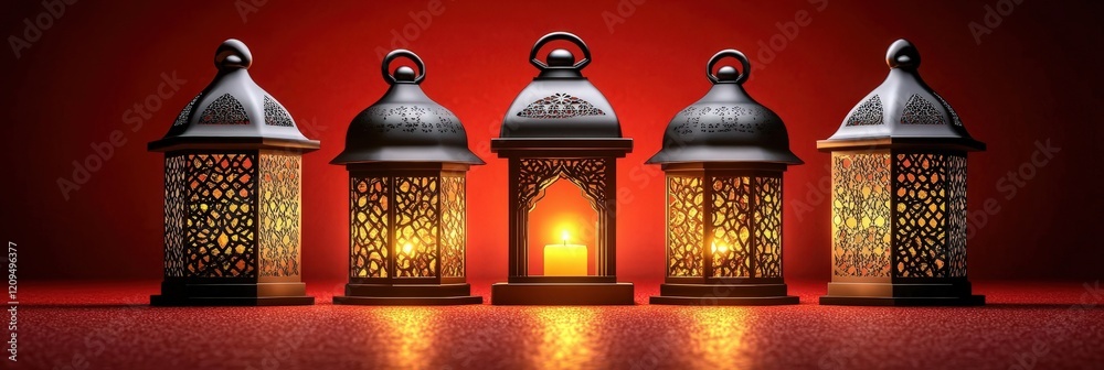 Sticker illuminated decorative lanterns on a red background: a beautiful display of light and craftsmanship