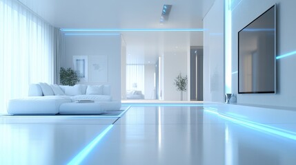 A dynamic video showcasing the effects and energy efficiency of indoor heating systems in an empty white living room with blue glowing lines.