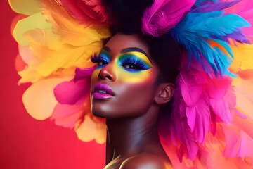 Fototapeta premium Fictional Black Drag Queen: Man dressed up as a woman on vibrantly coloured background for pride month or black history month, performance art