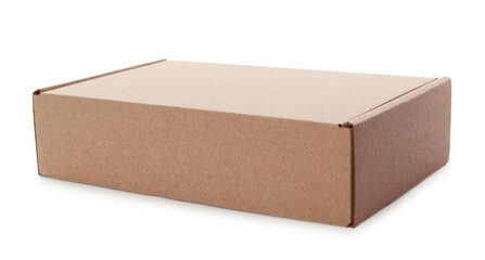 One closed cardboard box isolated on white. Mockup for design