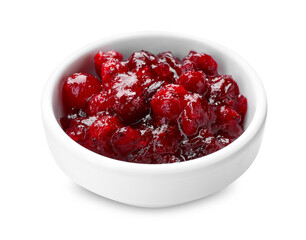 Tasty cranberry sauce in bowl isolated on white