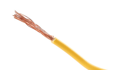 Stripped electrical wire with copper strands on white background