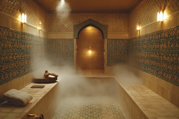 Serene hammam space with misty steam and soft ambient lighting for tranquil relaxation