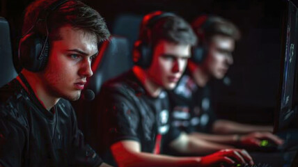 Intense e sports gaming competition with focused players and high-tech equipment