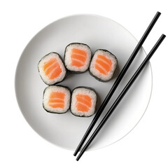 Delicious Salmon Sushi on a Plate with Chopsticks,