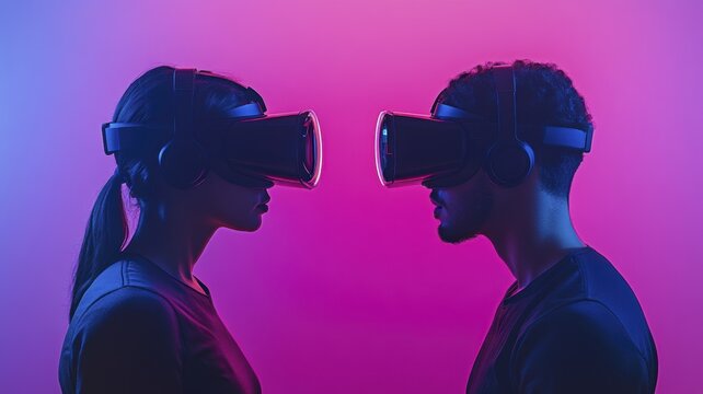 Futuristic virtual reality gaming showdown with two e-sports players competing intensely - Powered by Adobe