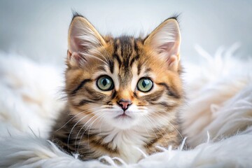 Adorable Fluffy Cat Posing Sweetly Against White Background - Stock Photo