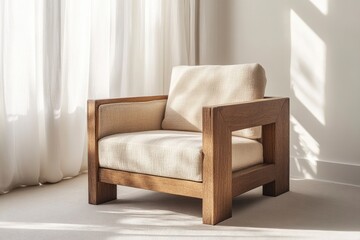 Fototapeta premium A mockup of an empty black frame on the floor, leaning against a window, white wall, and white curtains. A modern chair with beige fabric and a wood structure.