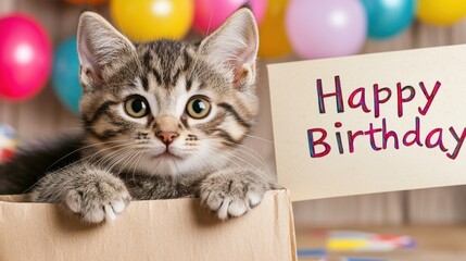 A cute kitten peeks out of a box, holding a "Happy Birthday" sign, surrounded by colorful balloons in a festive atmosphere.